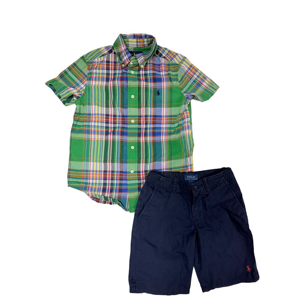 Polo Ralph Lauren Boys 2 Pc Outfit Set Size 6 Plaid Shirt Navy Shorts